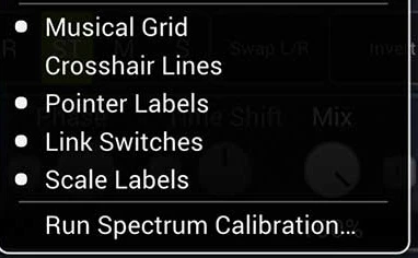 Analyzer settings menu with the Musical Grid, Pointer Labels, and Scale Labels switches