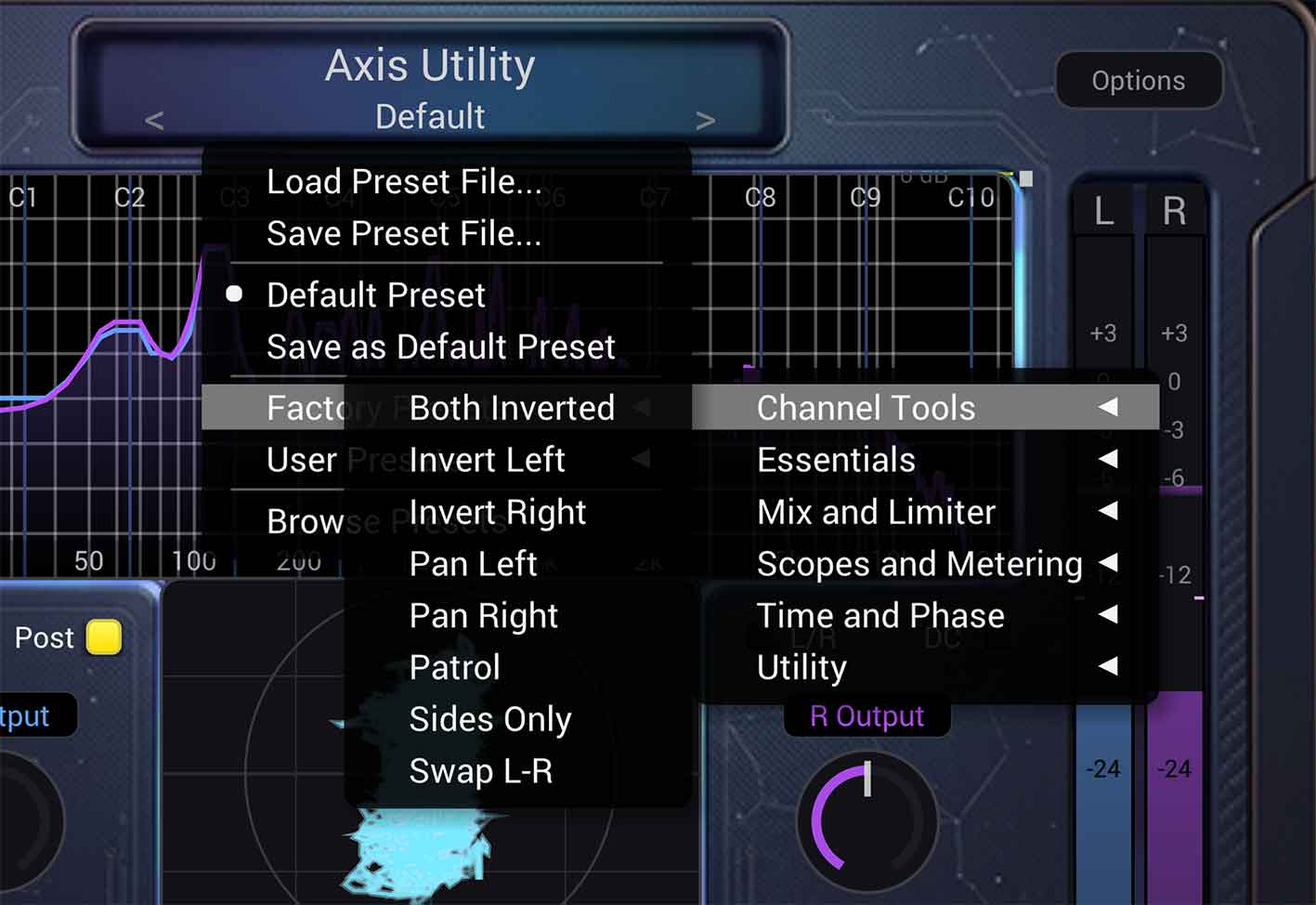 Preset bar with the preset menu open, including Save as Default Preset and Factory Presets