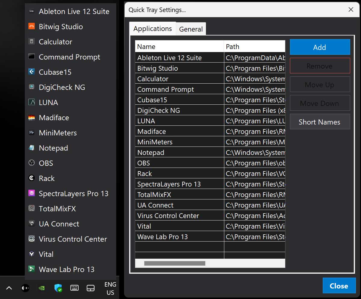 Windows tray icon, left-click app menu, and Settings window
