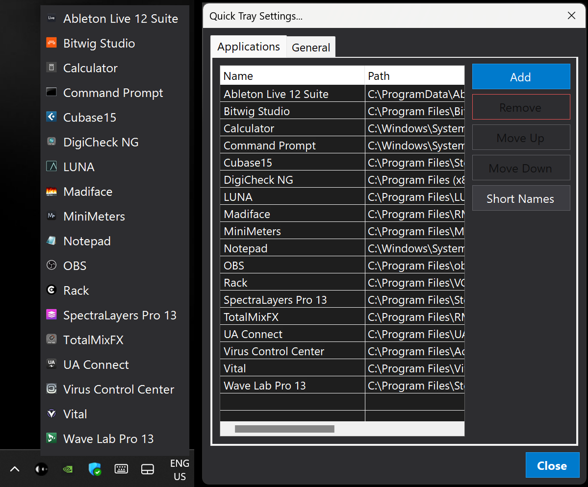 Windows tray icon and left-click app menu above the taskbar