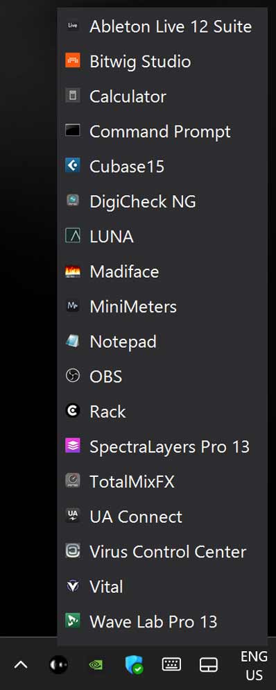 Windows left-click app menu above the taskbar