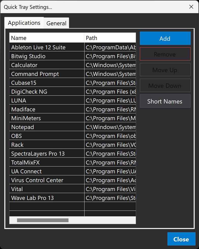 Windows Applications tab
